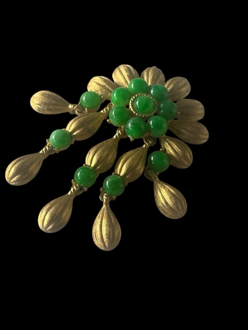 Crown Trifari Brushed Gold Tone Dangle Pin Pendant Green Cabochons Signed - Picture 9 of 10